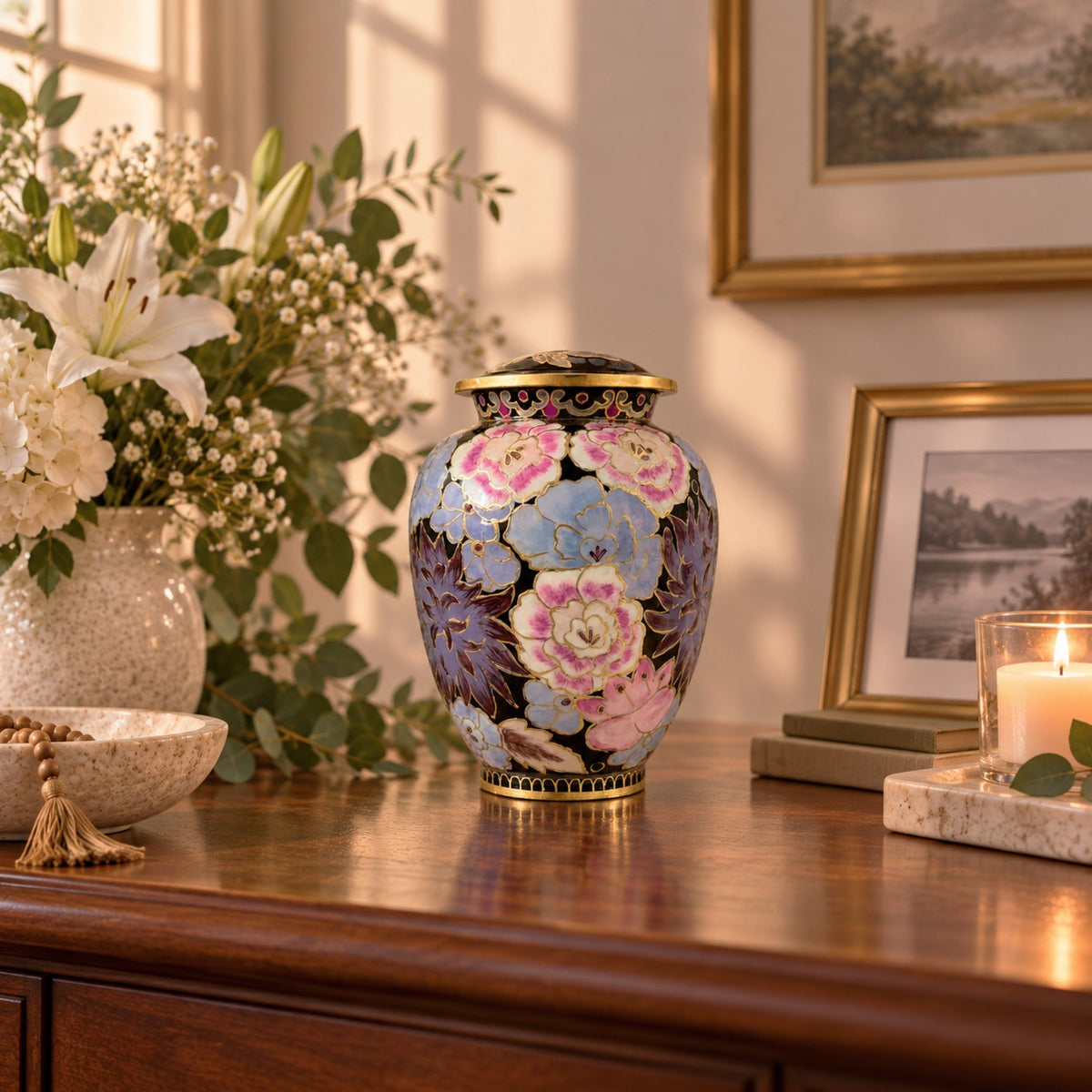 Hand-Painted Pink and Purple Floral Impressionist Cremation Urn