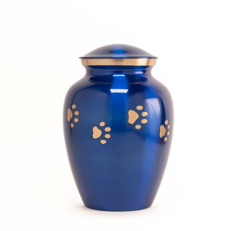 Glossy Blue with Gold Paw Detail - 70 cubic inch Cremation Urn