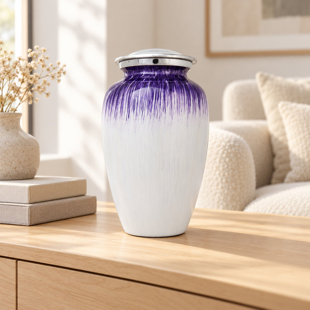Enamel Finished Metal Alloy Cremation Urn - Purple and White
