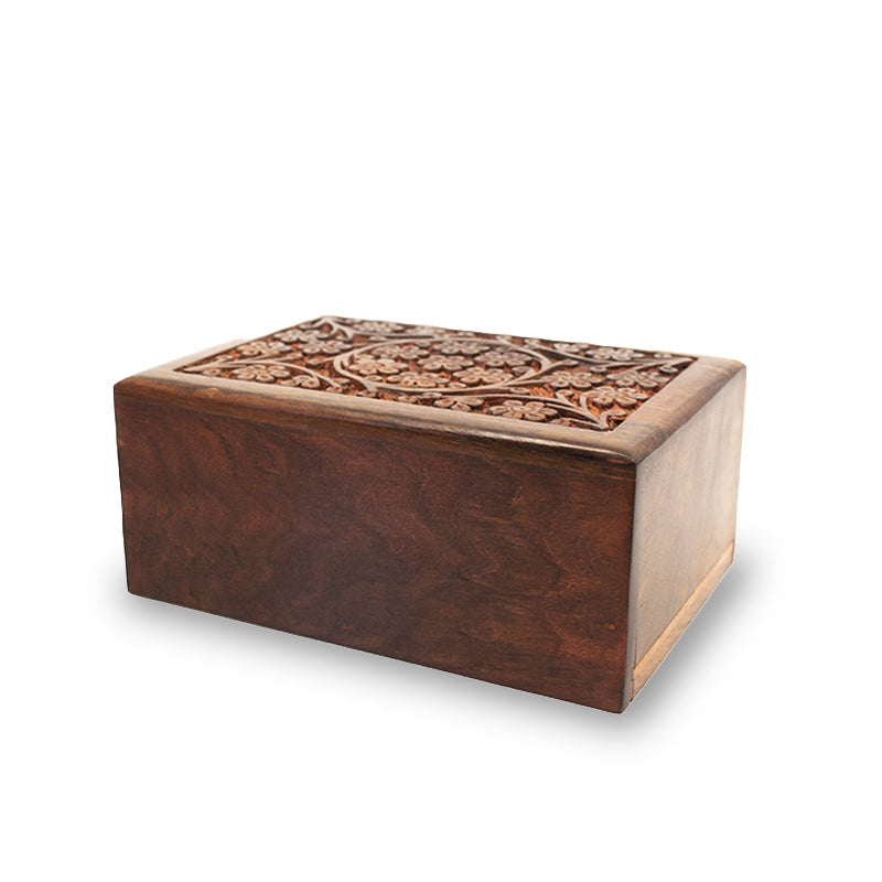 Hand-carved Floral Rosewood Cremation Urn - Medium 25 cubic inch