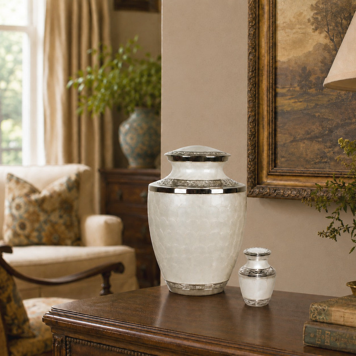 Enamel White Ripple Brass Cremation Urn - Large