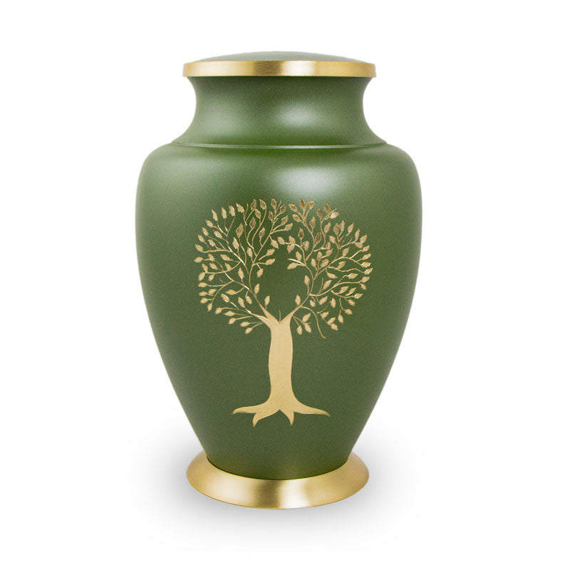 Large Aria Tree of Life Memorial Cremation Urn in Bronze and Green with Hand-Engraved Tree Accent