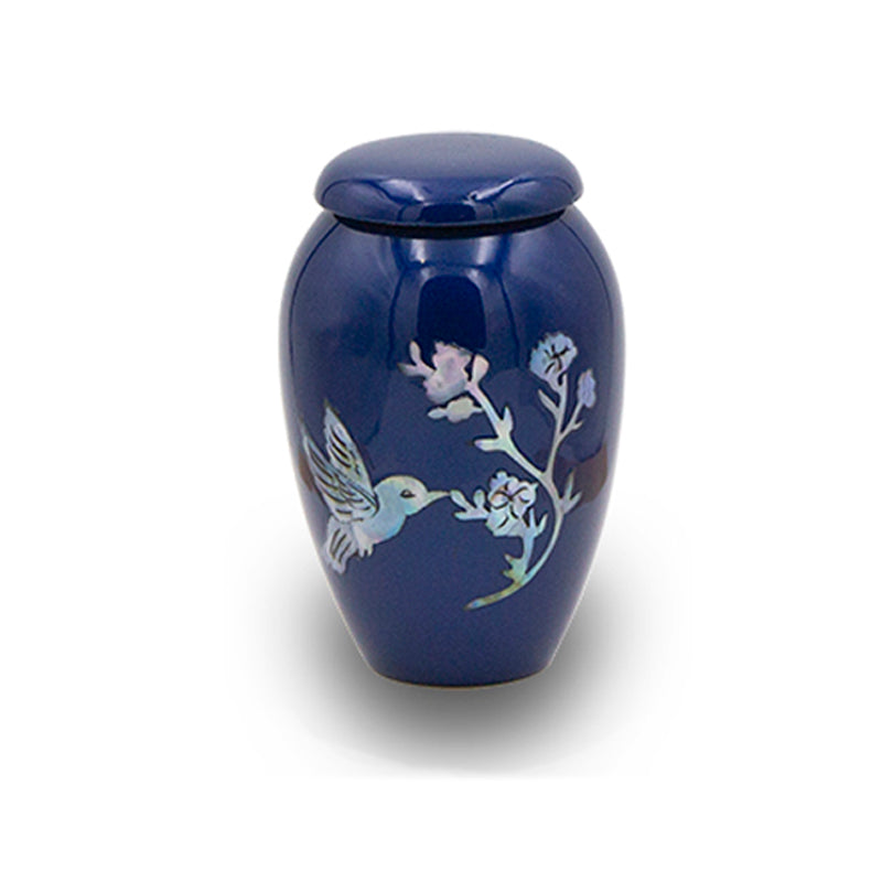 Blue hummingbird mother of pearl cremation urn keepsake