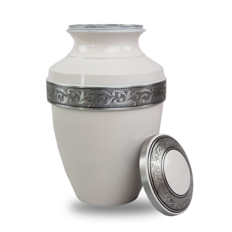 White Cremation Urn with Floral Band