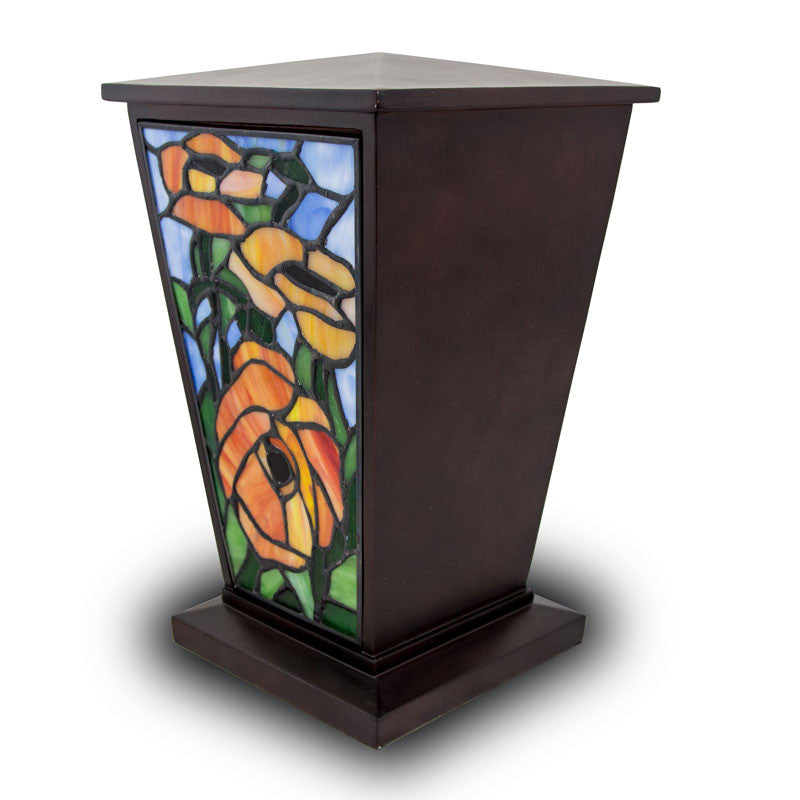 Red-Orange Poppy Stained Glass Cremation Urn