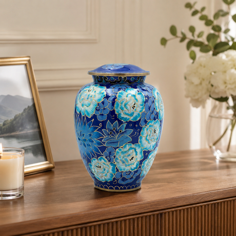 Hand-Painted Blue Floral Impressionist Cremation Urn