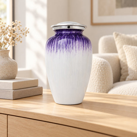 Enamel Finished Metal Alloy Cremation Urn - Purple and White