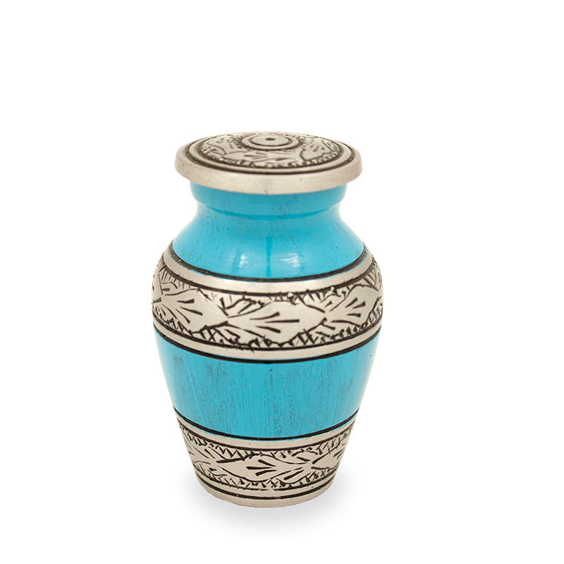 Turquoise and Blue Streaked Keepsake Urn with Floral Band