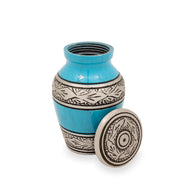 Turquoise and Blue Streaked Keepsake Cremation Urn with Floral Band