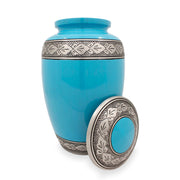 Turquoise and Blue Streaked Cremation Urn with Floral Band