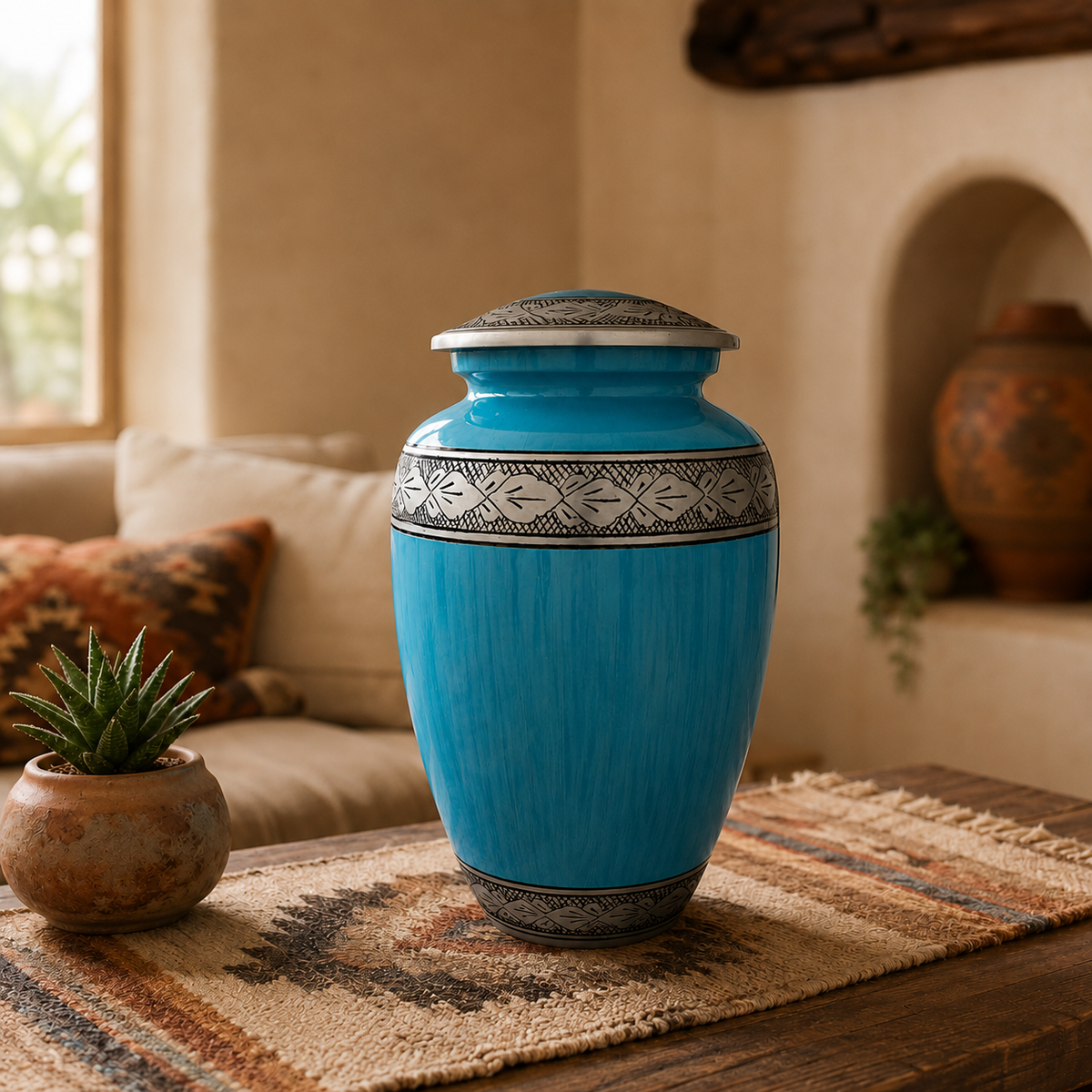 Turquoise and Blue Cremation Urn with Floral Band - Large