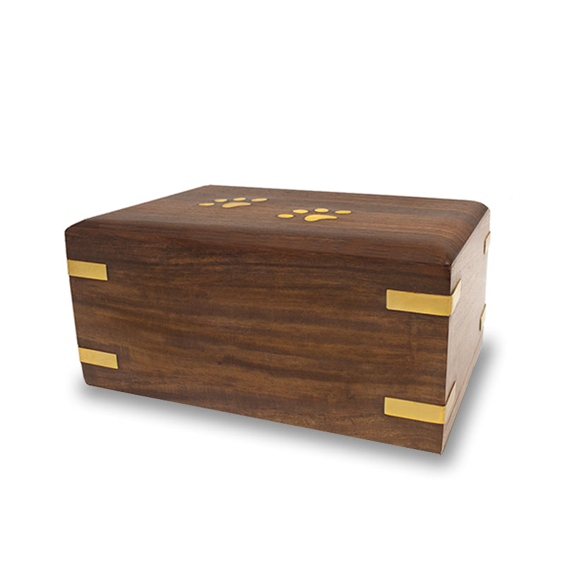 Rosewood Pet Cremation Urn with Brass Paw and Corner Detail - 70 cubic inches