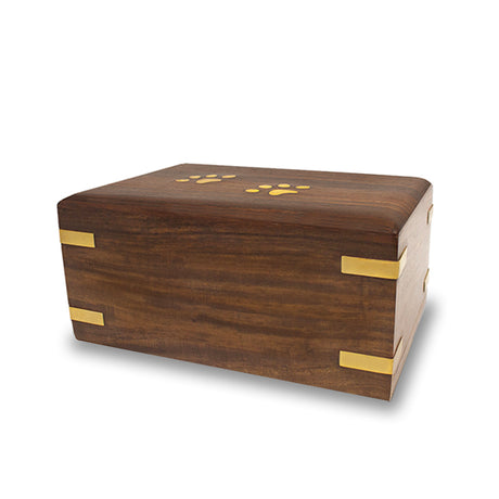 Rosewood Pet Cremation Urn with Brass Paw and Corner Detail- Large