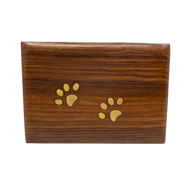 Rosewood Pet Cremation Urn with Brass Paw and Corner Detail - 70 cubic inches