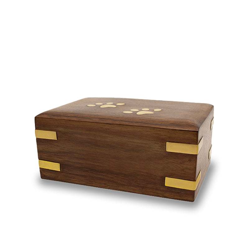 Rosewood Pet Cremation Urn with Brass Paw and Corner Detail - 25 cubic inches