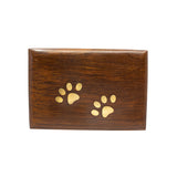 Rosewood Pet Cremation Urn with Brass Paw and Corner Detail - 25 cubic inches