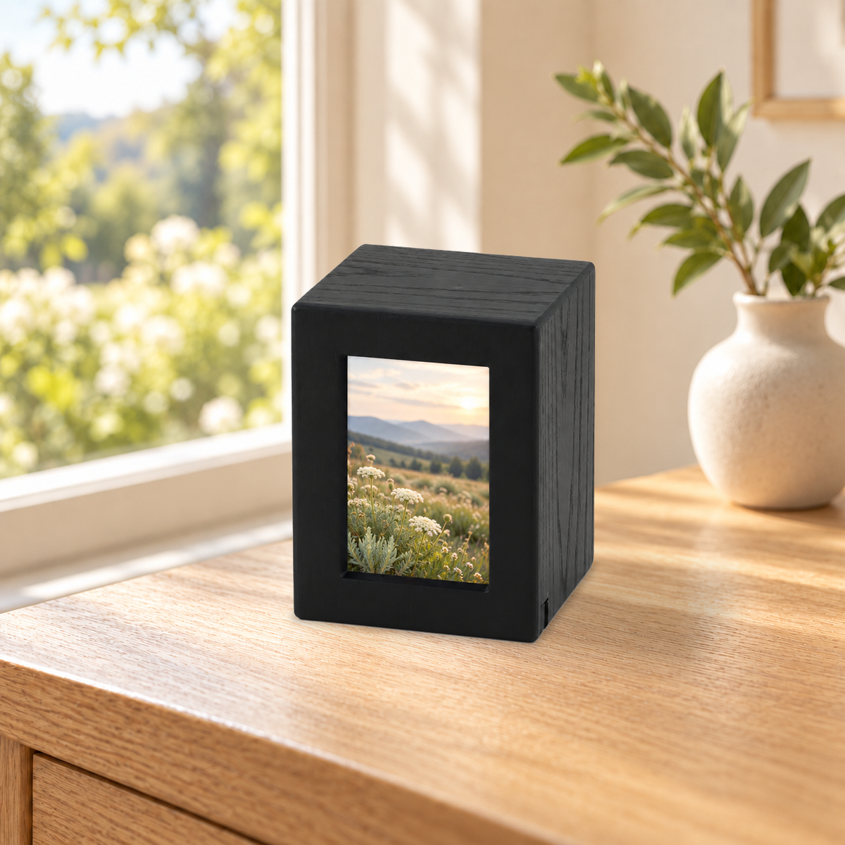Photo Cremation Urn with Black Finish  - 85 cubic inch