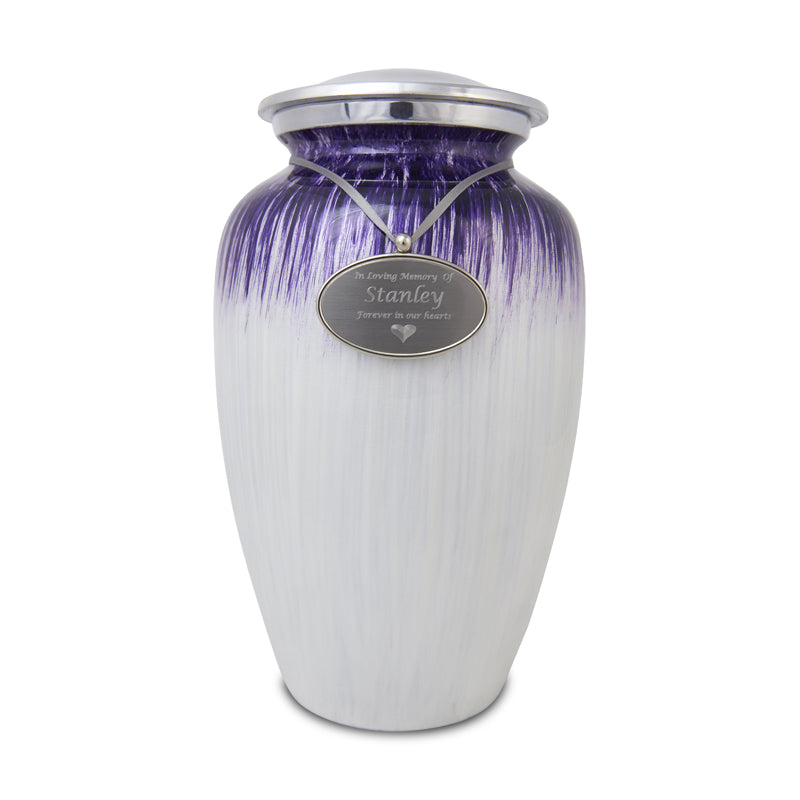 Large Enamel Finished Metal Alloy Cremation Urn - Purple and White