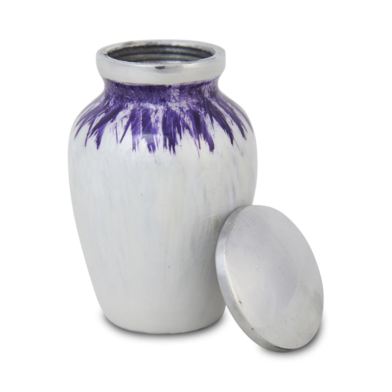 Enamel Finished Metal Alloy Cremation Keepsake Urn - Purple and White