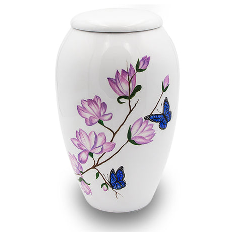White Mother of Pearl Flowers and Butterflies Cremation Urn