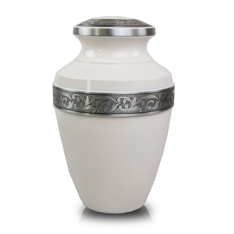White Cremation Urn with Floral Band