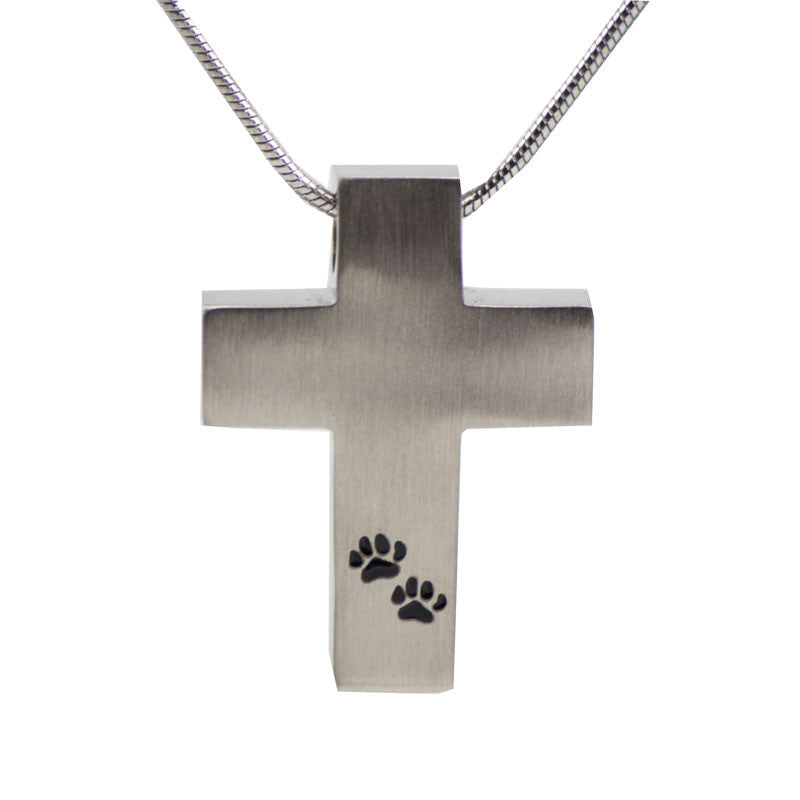 Paw Print Cross Cremation Necklace - Pewter