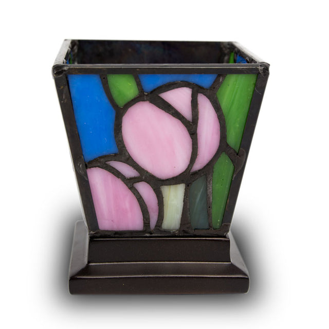 Pink Tulip Stained Glass Cremation Keepsake Candle Holder