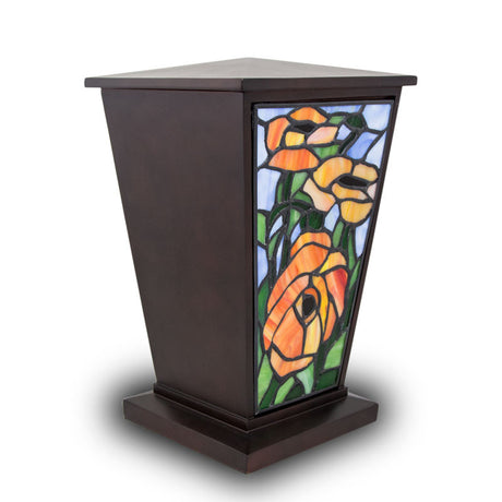 Red-Orange Poppy Stained Glass Cremation Urn