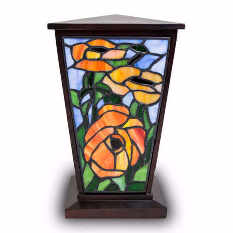 Red-Orange Poppy Stained Glass Cremation Urn