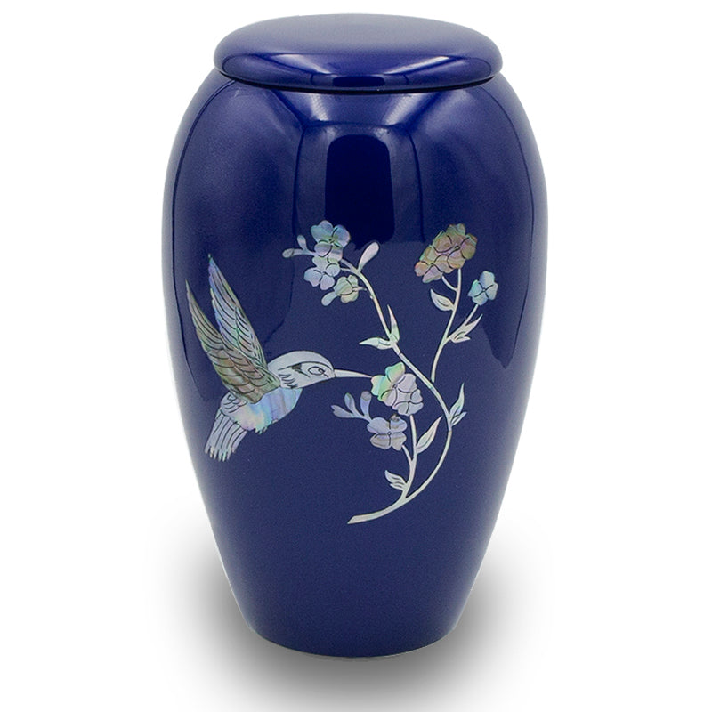 Navy Blue Urn with Mother of Pearl Hummingbird - Large