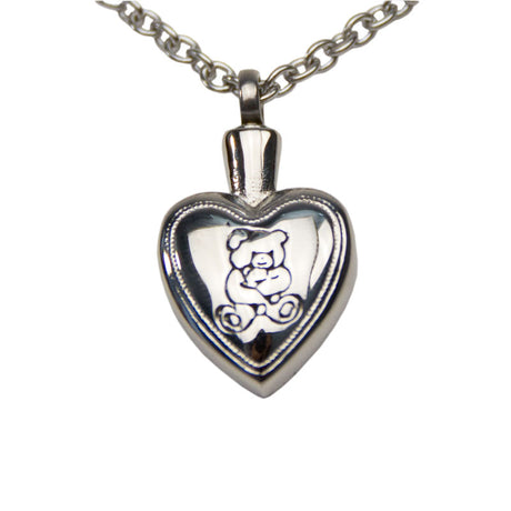 Teddy Bear Heart Cremation Pendant - Stainless Steel